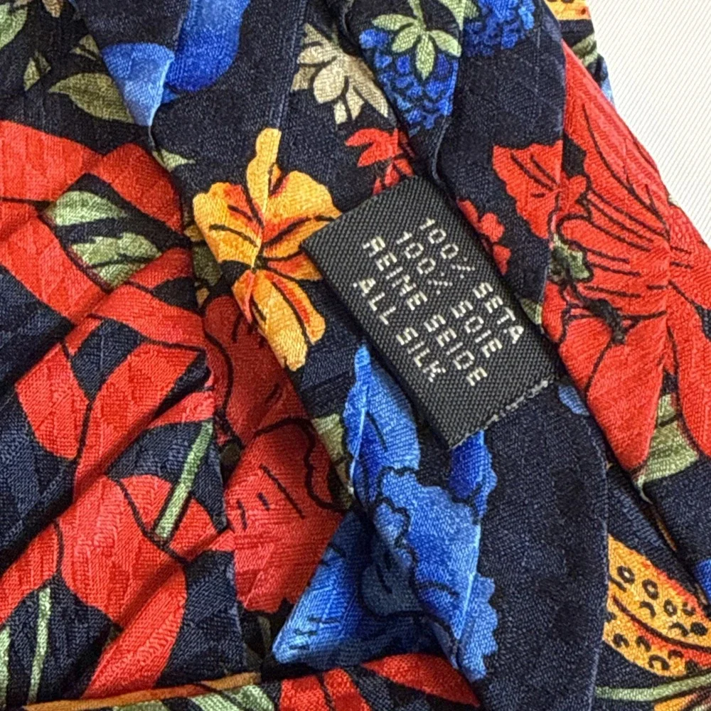BURDI Chicago Men's Silk XL Necktie ITALY Designer Floral Red/Blue/Gold‎ EUC